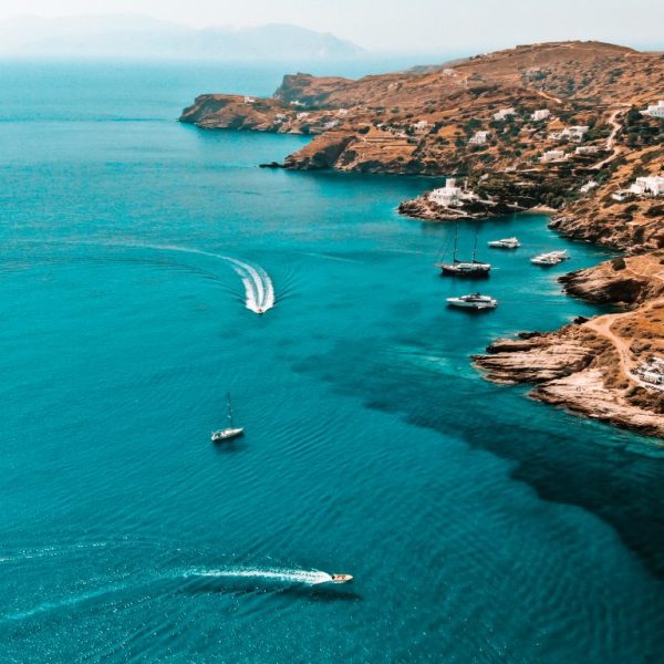 Ariel shot of the coastline in Ios, Greece.